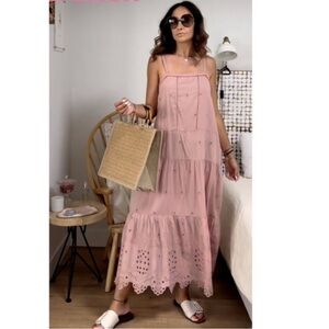 Zara Blush Openwork Pink Eyelet Tiered Maxi Sundress